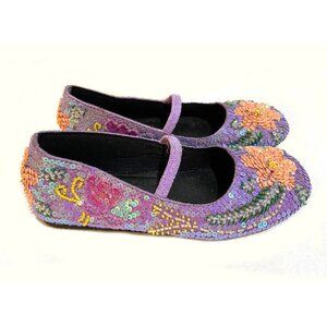 sz 2 Girls Only Sparkly Lavender, Pink and Coral Floral Sequin Shoes with Strap